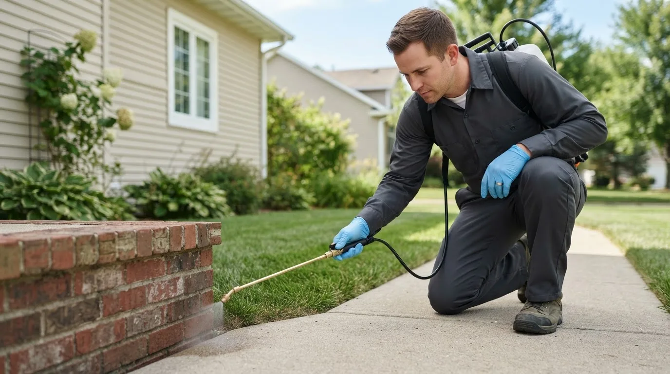 Pest control technician treating a home near Binghamton, NY